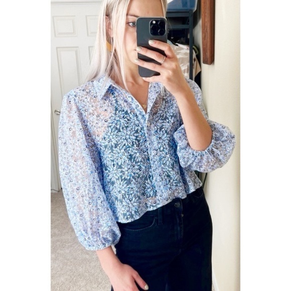 Zara Floral Blue Organza Puff Sleeve Sheer Cropped Blouse Size XS - Picture 13 of 16